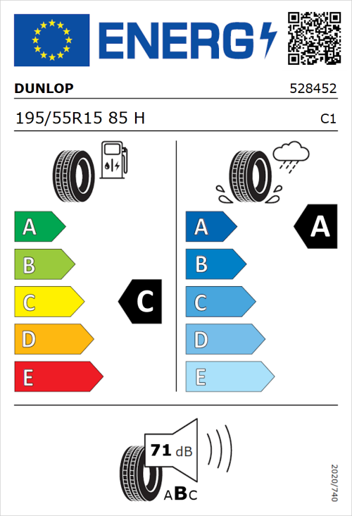 Tyre Label for Dunlop Sport BluResponse 195/55R15 85H