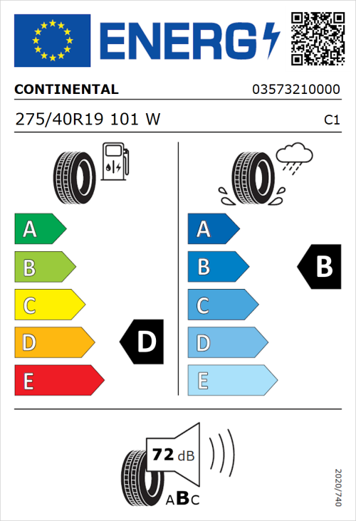 Tyre Label for Continental ContiSportContact 3 SSR 275/40R19 101W