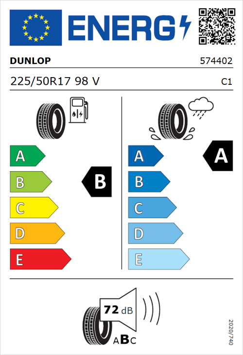 Tyre Label for Dunlop Sport BluResponse 225/50R17 98V