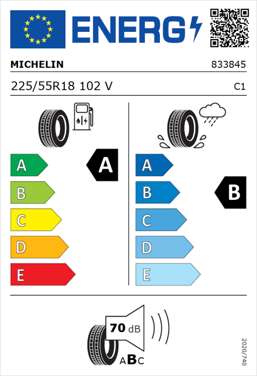Tyre Label for Michelin e.primacy 225/55R18 102V