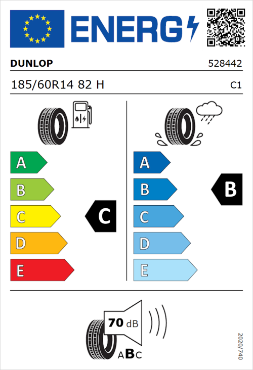 Tyre Label for Dunlop Sport BluResponse 185/60R14 82H